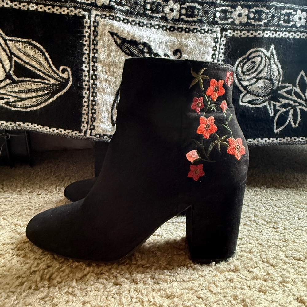 Black Suede Ankle Boots with Red Floral Embroidery